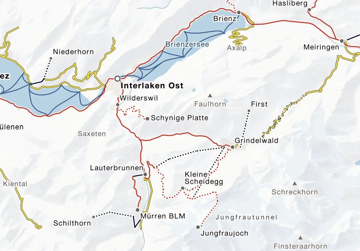 Die Geltungsbereichskarte der Jungfraubahnen veranschaulicht übersichtlich, wo das GA ganz, teilweise oder nicht gilt.